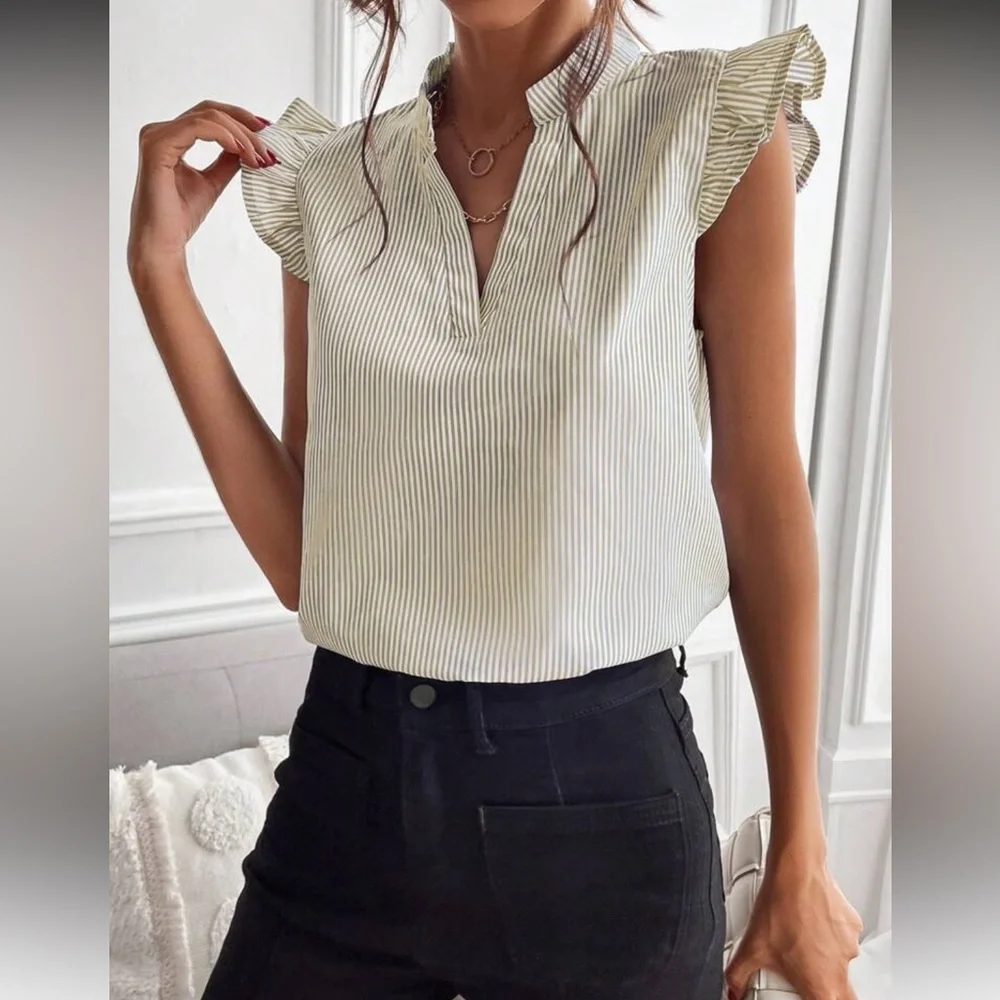 Khaki Striped Notched Neck Ruffle Sleeve Top_4